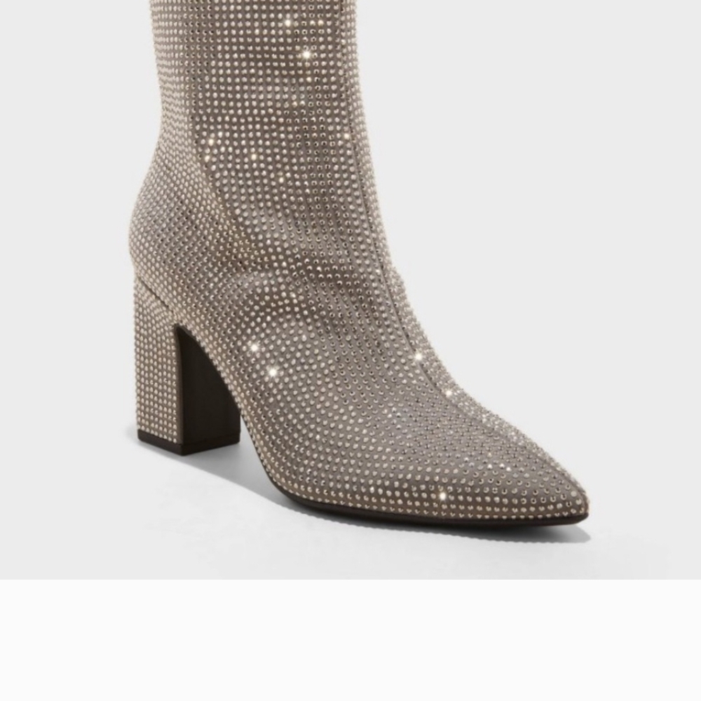 Silver Rhinestone Heeled Boots with Chunky Heel